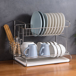 大号304不锈钢碗盘架沥水，架双层碗碟收纳架，滴水盘架厨房台面碗架