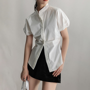 2024原创ins设计感捏褶，白色衬衫掐腰暗门襟收腰小立领衬衣t恤