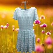 英国马莎进口marks&spencer 湖蓝色优雅全电脑蕾丝全夹夏季连衣裙