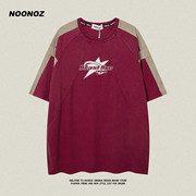 noonoz酒红色短袖t恤男2024夏季美式潮牌ins嘻哈做旧纯棉半袖