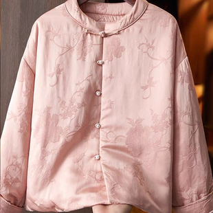 高级感粉色新中式棉衣棉服女冬季长袖复古国潮风提花夹棉外套