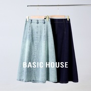 basichouse百家好水洗牛仔，半身裙夏复古(夏复古)高腰中长款a字伞裙