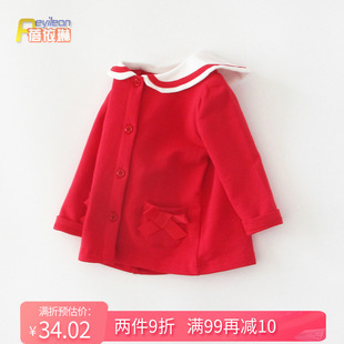 小女童宝宝春装上衣服，甜美可爱婴儿红色，娃娃领小外套开衫春秋1岁2