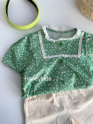 女童绿色短袖绣花娃娃，衫2024夏季纯棉薄款儿童夏装衬衫洋气