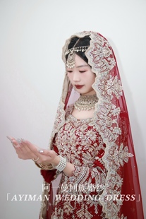 「出租」枣红色钉珠回族，婚纱穆斯林婚服高腰显瘦楞哈纱丽连衣裙