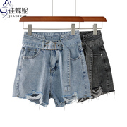 夏季韩版带腰带做旧蓝色破洞破边拉丝纯色牛仔短裤女下装热裤