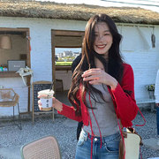 韩版高级感洋气气质长袖短款防晒披肩空调衫红色针织开衫上衣女潮