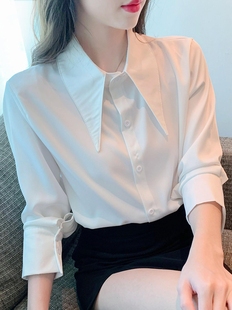 2024秋装尖领白色衬衫，女设计感法式衬衣，翻领长袖个性气质上衣