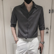 黑色条纹衬衫男韩版潮流网，红痞帅绅士七分袖，短袖夏季衬衣潮牌外套