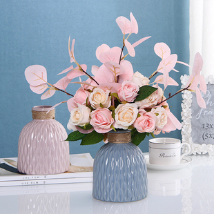 北欧日式地中海陶瓷花瓶蓝白色尤加利，仿真花艺玫瑰向日葵把束套装
