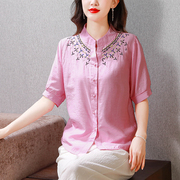 夏季民族风衬衫气质棉麻刺绣女40-50岁妈妈装宽松上衣短袖
