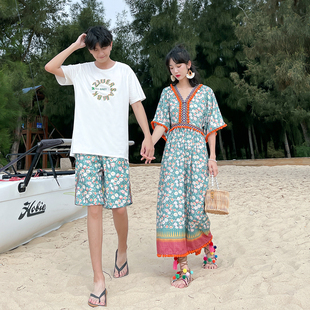 情侣装沙滩连衣裙民族复古风小众设计感长裙海边度假套装夏季短袖