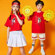 儿童啦啦队表演服装幼儿园，六一国潮红色，套装小学生运动会班服女童