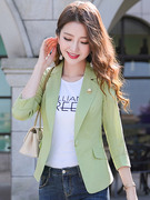 绿色西装外套女职业气质2023夏季薄款休闲小个子短款西服上衣