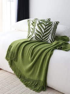 北欧田园风草绿色针织，毯子床尾巾盖毯沙发装饰毯纯色民宿