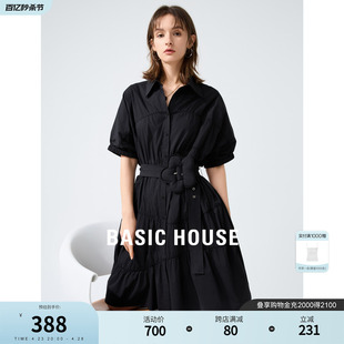 Basic House/百家好蝙蝠袖衬衫连衣裙女2024夏季收腰小黑裙