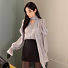 韩国chic春夏法式气质V领飘带设计微透宽松百搭喇叭袖雪纺衬衫女