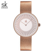 款士手表简约网面石英水钻表女时尚，圆形玫瑰金金属(金金属)普通国产腕表