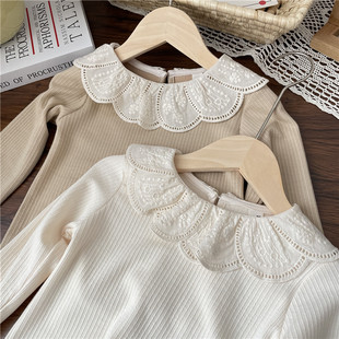 婴儿打底衫女宝宝纯棉洋气公主女童，蕾丝花瓣领上衣，白色长袖t恤秋