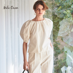 Mila Owen 春夏季气质简约款圆领泡泡袖牛仔上衣女士休闲半袖上衣