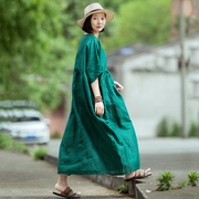 如初小素原创设计亚麻，连衣裙墨绿色圆领长款宽松文艺旅行袍子jj