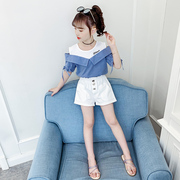 女童夏季露肩套装2023韩版洋气儿童装女孩，时髦短袖短裤两件套