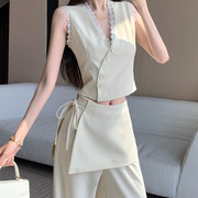 速发黑色V领蕾丝西装马甲上衣套装女夏季假两件高腰阔腿裤休闲两