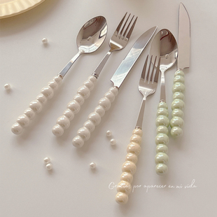 ins勺子不锈钢家用餐具套装仿珍珠高档精致高颜值吃饭长柄西瓜勺