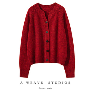纯欲撩人ruby红~加厚羊绒，开衫女红色，针织纯羊绒毛衣外套宽松秋冬