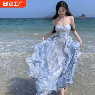 法式氛围感蓝色抹胸吊带连衣裙女夏季海边度假沙滩长裙日落仙女裙
