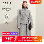 amii2023冬宽松全羊毛，翻驳领配腰带，连肩袖双面呢外套女