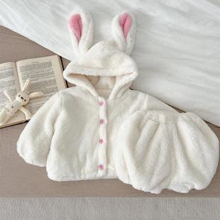 女童冬装加厚毛绒套装宝宝，可爱兔子连帽毛毛外套，+兔尾巴短裤件套
