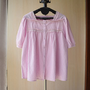 紫色蕾丝花边植绒点点方领纯棉短袖衬衫夏季小清新上衣宽松娃娃衫