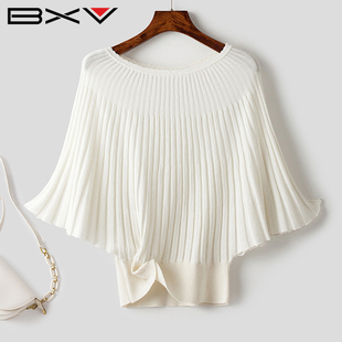BXV蝙蝠袖针织衫女2023秋季时尚设计感上衣女白色套头法式潮