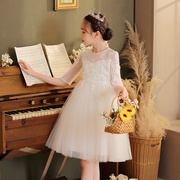 女童公主裙白色中袖蓬蓬，网纱婚礼服六一儿童，走秀钢琴演出服婚纱裙