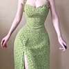 Do kiee 夏季小众设计吊带连衣裙法式复古高腰碎花裙绿色裙