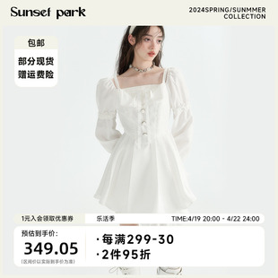 sunsetpark日落公园落跑新娘白色，方领泡泡袖长袖连衣裙茶歇裙