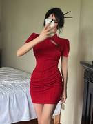 法式红色连衣裙女夏季收腰包臀改良旗袍小个子纯欲性感辣妹短裙子