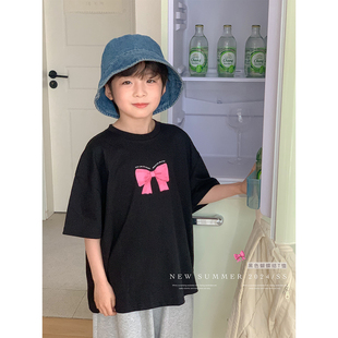 虾酱麻麻男童短袖t恤夏装，2024中大童，粉色蝴蝶结印花儿童体恤