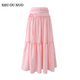  粉色格纹蓬蓬长裙 宽松显瘦设计感格子撞色中长款高腰半身裙