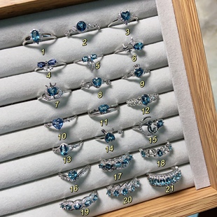末泽高级质感伦敦蓝托帕石合集，3天然水晶戒指活口可调节小众饰品