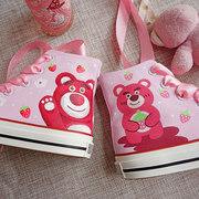 2024春季粉色高帮帆布鞋手绘草莓熊可爱少女百搭丝带甜美学生板鞋