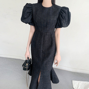 韩国chic夏季法式复古气质开叉设计收腰显瘦泡泡袖鱼尾连衣裙女