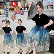 2024女童套裙夏装中国风洋气新中式短袖撒银短袖千字马面裙套