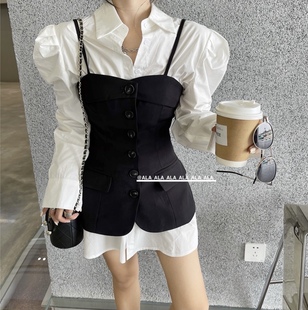 西装套装2021秋季韩国气质显瘦泡泡袖白色衬衫+吊带连衣裙女