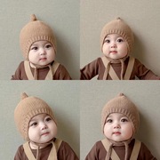 韩版婴儿帽子秋冬保暖毛线，帽可爱纯色，百搭奶嘴针织男女宝宝护耳帽