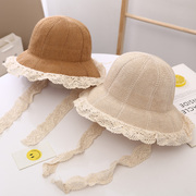 宝宝帽子夏季女公主蕾丝，系带针织防晒帽母女，沙滩防晒可折叠渔夫帽