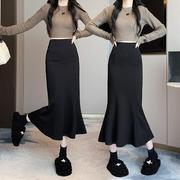 日本顶奢春季半身裙女黑色，弹力高腰裙中长款百搭修身鱼尾