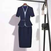 高级感职业连衣裙短袖蓝色气场强大假两件套工装裙子女夏季