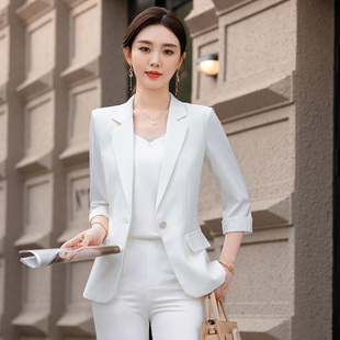 白色小西装外套女夏季薄款中袖西服，上衣女职业装高端ol气质工作服